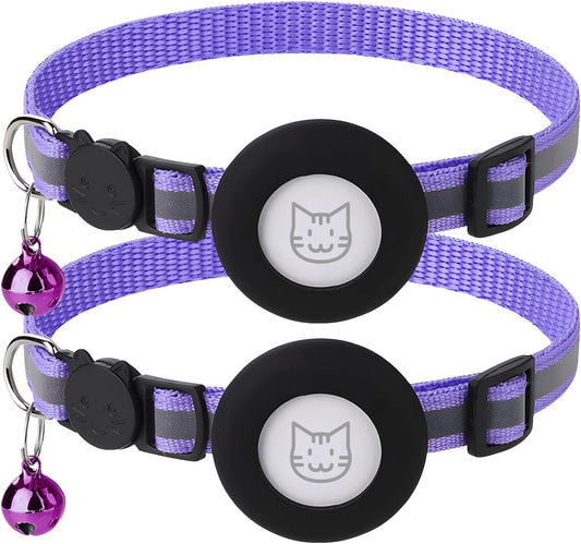2 Pack Airtag Cat Collar with Bell, Reflective Nylon Kitten Collar with Apple Air Tag Holder and Breakaway Safety Buckle for Puppy Girl Boy Cats, 3/8" in Width and Lightweight, Purple