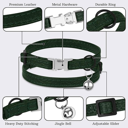Leather Cat Collar with Buckle and Removable Bell - Non Breakaway Adjustable Soft Safety Small Pet Collars for Girl Boy Cats Kitten (Green)