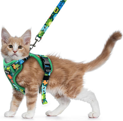 Halypet Cat Harness and Leash Set for Walking, Escape Proof Adjustable Vest Harness with 3-in-1 Integrated Buckles, Easy Control Soft Breathable Mesh with Reflective Strips for Cats, S Green Monster