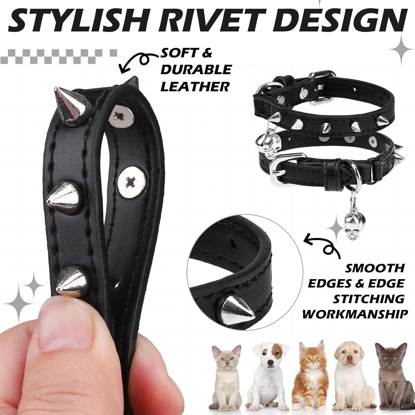 EXPAWLORER Leather Cat Collar for Girl Boy- Adjustable Pet Collar with Safety Elastic Belt,Personalized Punk Accessories Buckle Collars with Bell & Durable D-Ring,Pure Rivets(Black)