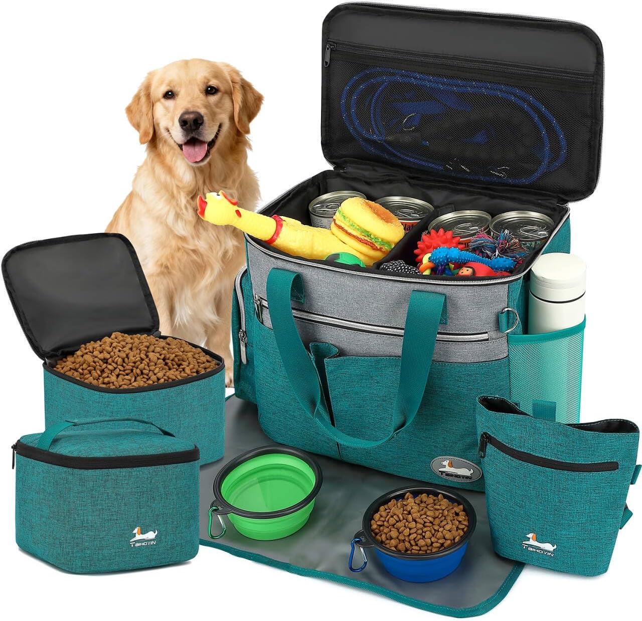 Dog Travel Bag for Pet Kit for Supplies with 2 Food Storage Containers 2 Collapsible Bowls 1 Feeding Mat 1 Dog Treat Pouch 7-Piece Set Perfect Road Trips Camping Weekend or Doggy Gift, Teal