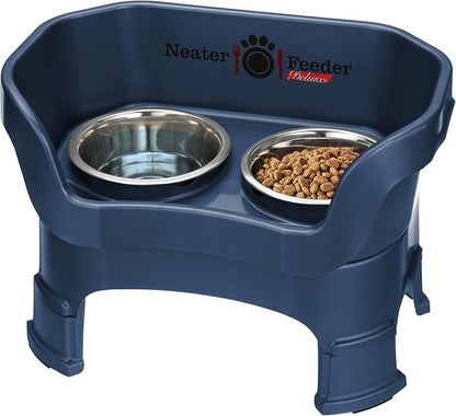 Neater Feeder Deluxe Mess Proof Dog Bowls Elevated Medium Sized Dogs (19-40 lbs) Made in USA, No Spill Raised Dog Food Bowl Stand w/Leg Extension, Stainless Steel Food and Water Bowl Set, Dark Blue