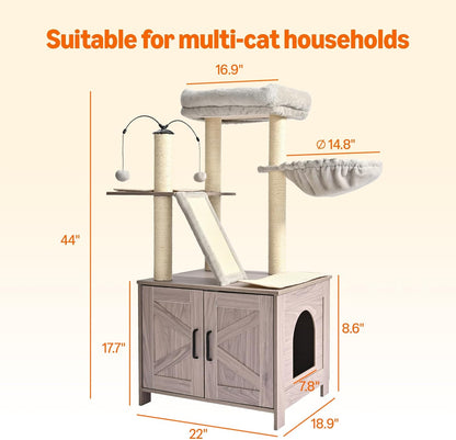 Amazon Basics Furniture Style Cat Tree with Litter Box Enclosure, Cat Tree with Scratching Posts, Sisal Pad, Cozy Perch and Hammock