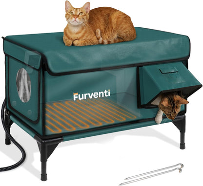 Outdoor Heated Cat House in Winter,Extremely Insulated & Weatherproof,Elevated Feral Cat Shelter with Waterproof Eaves & Escape Door for Outside Stray Barn Cat (Dark Green, L with Cam)