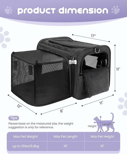 MIDOG Cat Carrier Soft for Small to Medium-Sized Cats,Up to 15 Lbs,TSA Airline Approved Soft Sided Pet Carrier,Collapsible Travel Cat Bag(Black)