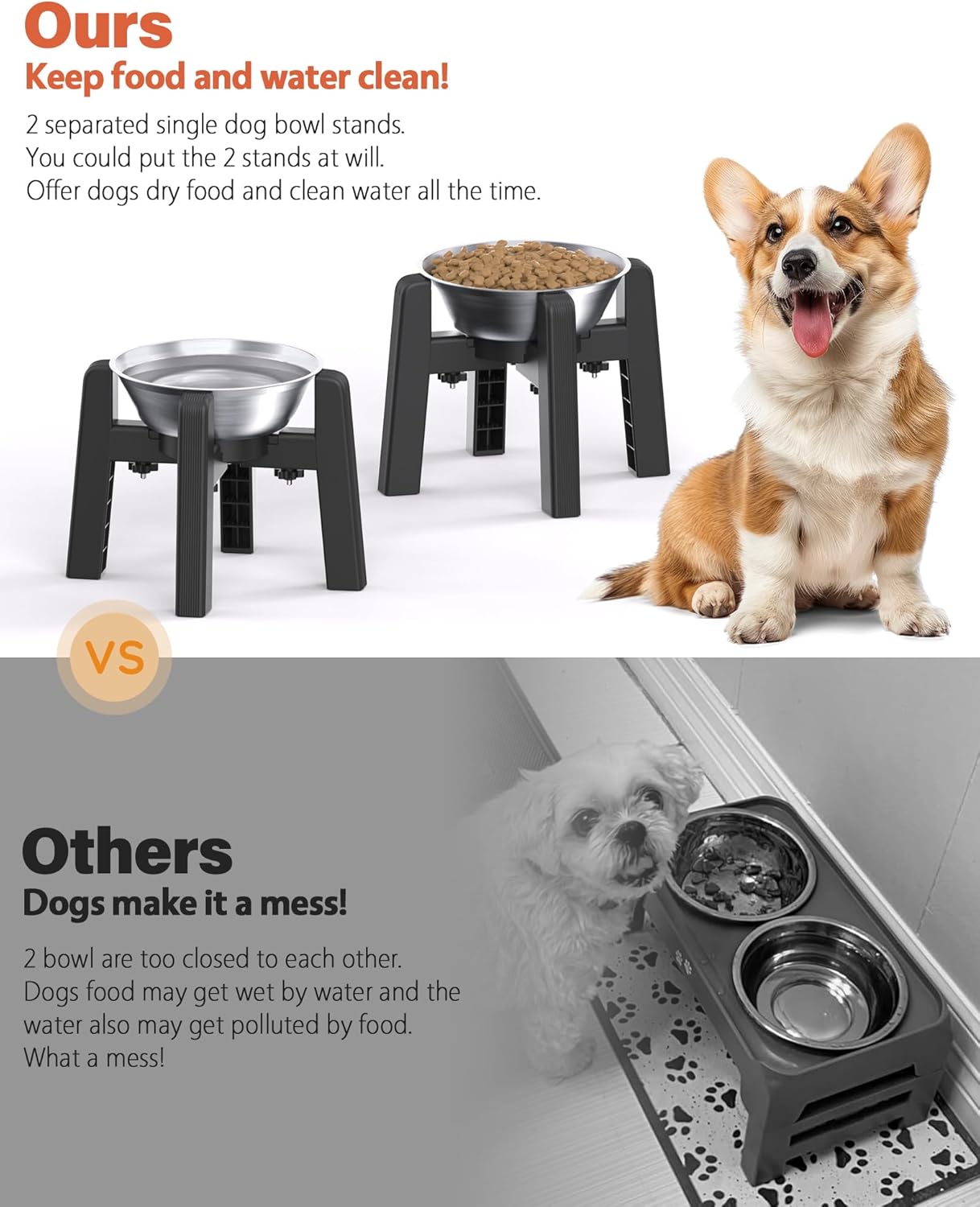 CZPET Dog Bowl Stand, 51 oz Large Capacity Raised Elevated Dog Food/Water Stainless Steel Feeder, Size Adjustable & Anti-Slip Stand for Medium Dogs (2 Pack)