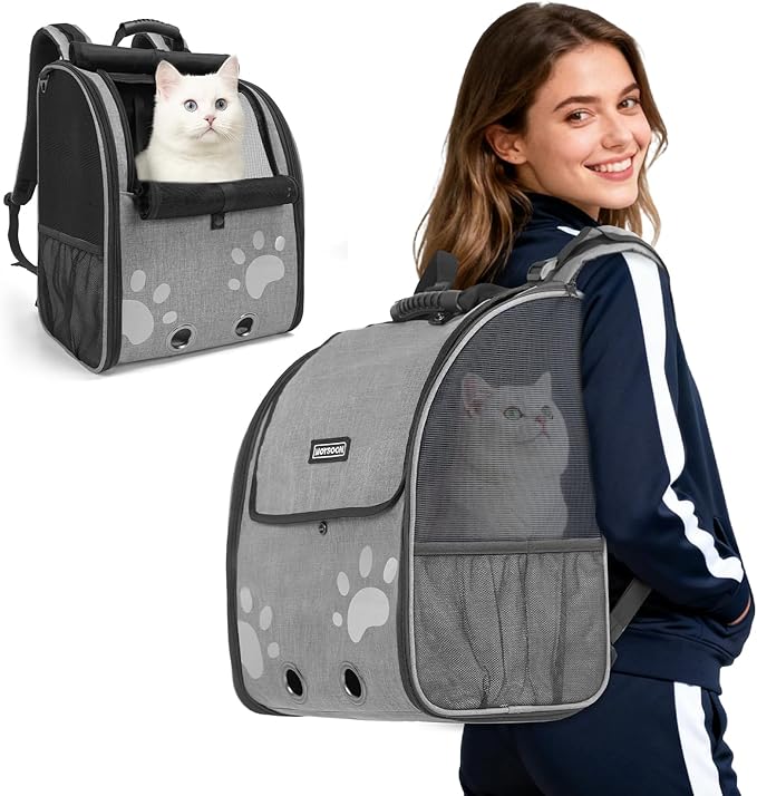 Cat Backpack Carrier with Comfort Handle, Ventilated Cat Backpack with Reflective Strips, Foldable Cat Carrying Backpack for Cats up to 17 lbs and Small Dogs up to 13 lbs(Grey).