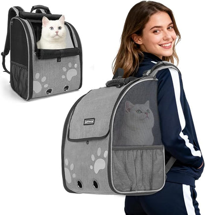 Cat Backpack Carrier with Comfort Handle, Ventilated Cat Backpack with Reflective Strips, Foldable Cat Carrying Backpack for Cats up to 17 lbs and Small Dogs up to 13 lbs(Grey).