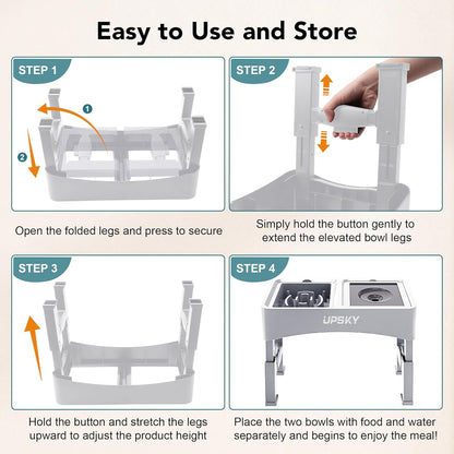 UPSKY 3-in-1 Elevated Dog Bowls: Slow Feeder, Adjustable Stand, No Spill Dispenser - Stainless Steel Food & Water Bowl for Small to Medium Dogs, White