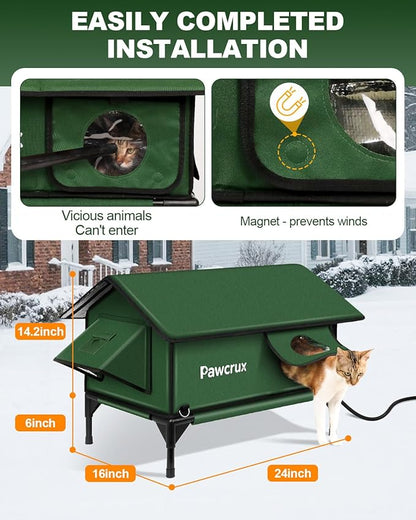 100% Waterproof Heated Cat House for Outdoor Cat with Safe Escape Door, Cat Bed Weatherproof Cat Shelter Kitty with Cat Heating Pad, Insulated Warm House for Feral Cat(Green, 24"x16"x20.2")
