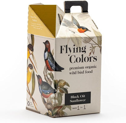 Flying Colors Premium Organic Wild Bird Seed | Black Oil Sunflower Seed | USDA Organic Ingredients | Best Seed for Backyard Bird Feeders | 3 Gallon Easy-Pour Carton