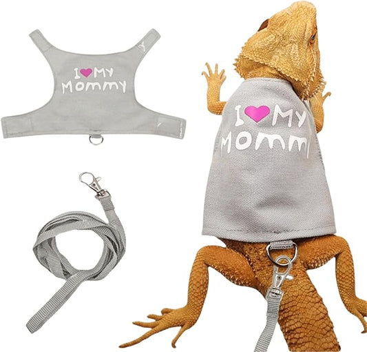Bearded Dragon Harness and Leash Set - Cute Lizard Reptile Small Animal Adjustable Harness Clothes with Short Leash for Walking Outdoor (Grey)