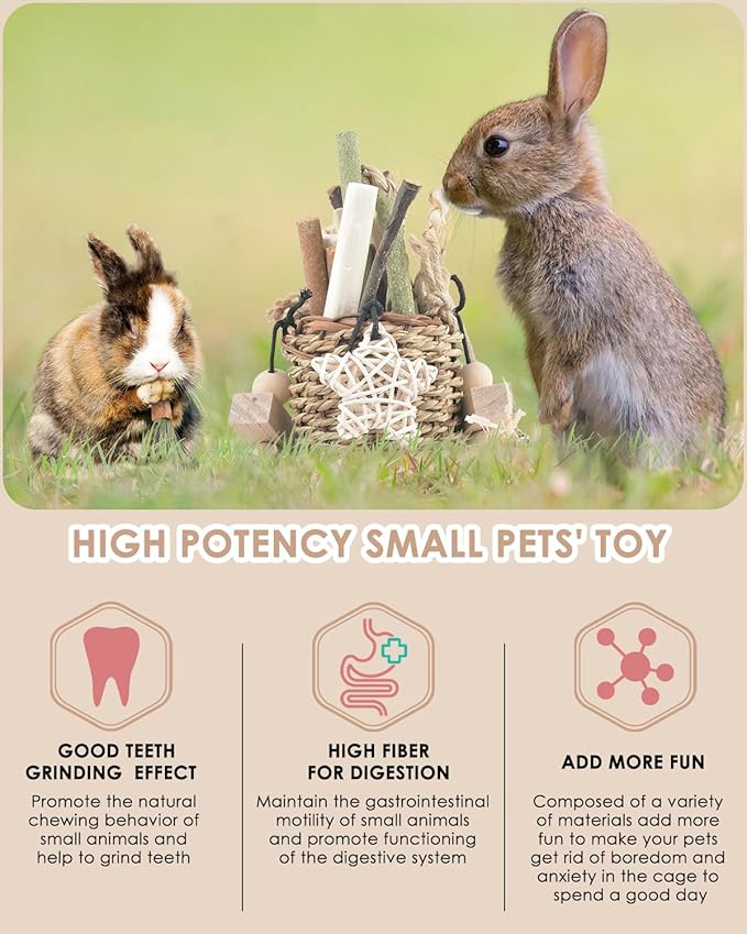 Bissap Bunny Chew Toys, Natural Seagrass Hanging Basket Chews Water Plant Woven Chinchillas Chewing Treats for Rabbits Guinea Pigs Chinchillas Hamsters Rats and Other Small Pets Teeth Grinding Toy