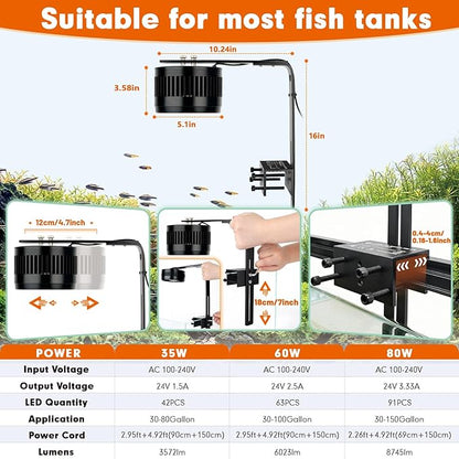 AQQA Aquarium Clip-On Stream Light with Controller, LED Fish Tank Light with 3 Modes (White/RGB/Full Spectrum), Timer & 6 Brightness Levels, Adjustable Clamp for Freshwater Plants Fish Tanks 80W