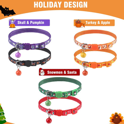 PUPTECK Thanksgiving Cat Collar with Bell 6 Packs Breakaway for Fall Halloween - Autumn Soft Adjustable Kitten Kitty Collars for Small Pet Puppy Bunny Christmas with Safety Release Buckle