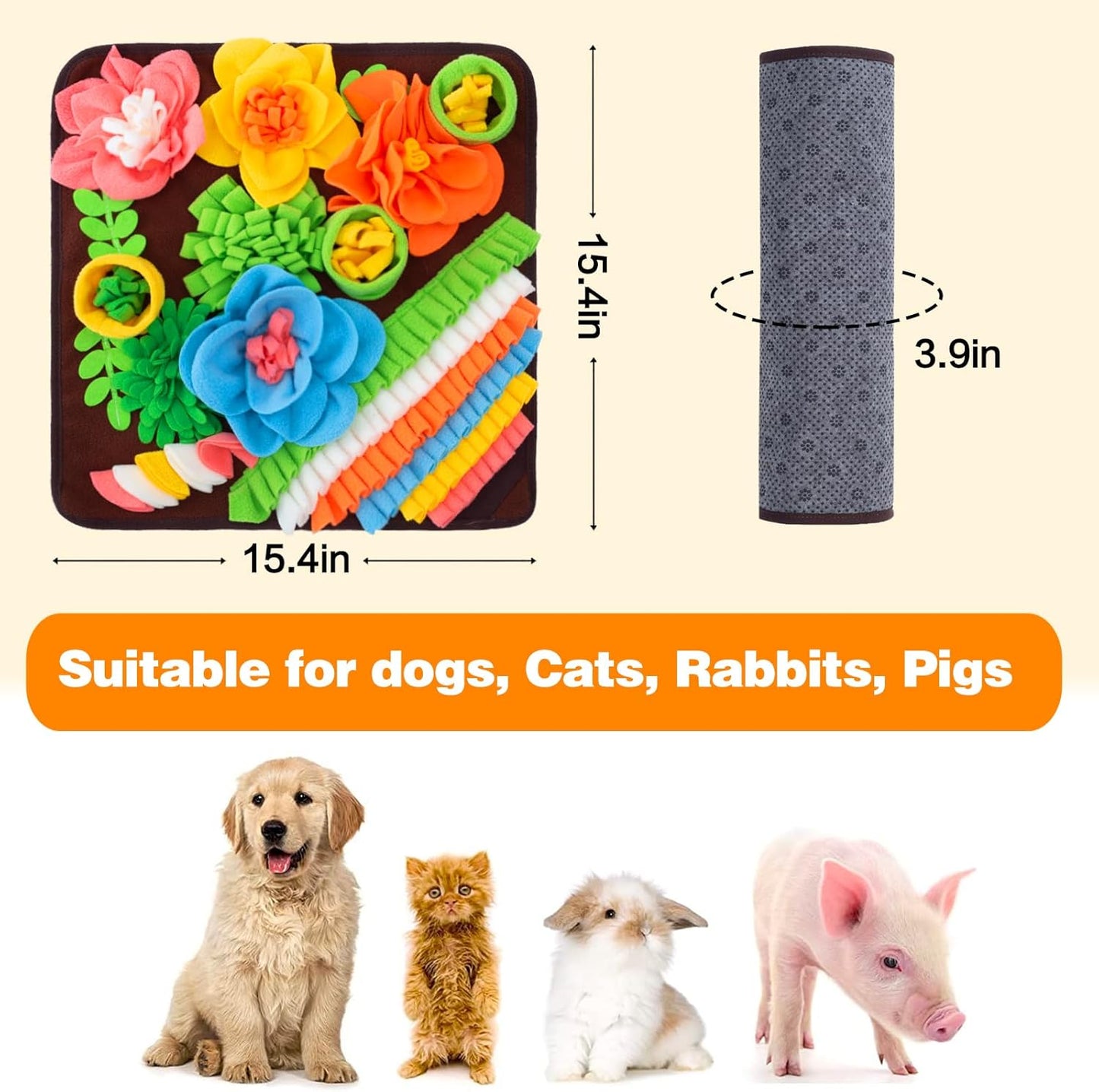 Snuffle Mat for Dogs, Sniff Mat Slow Feeding Mat for Small Pets Cats, Rabbits - Help Stress Relief and Training - Stimulate Your Pet's Foraging Skills! (Brown)