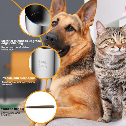 1 Cup Stainless Steel Dog Cat Food Measuring Scoop for Dry and Wet Food, Accurate Measurement for Rice, Flour, Grain (Long Handle Silver)