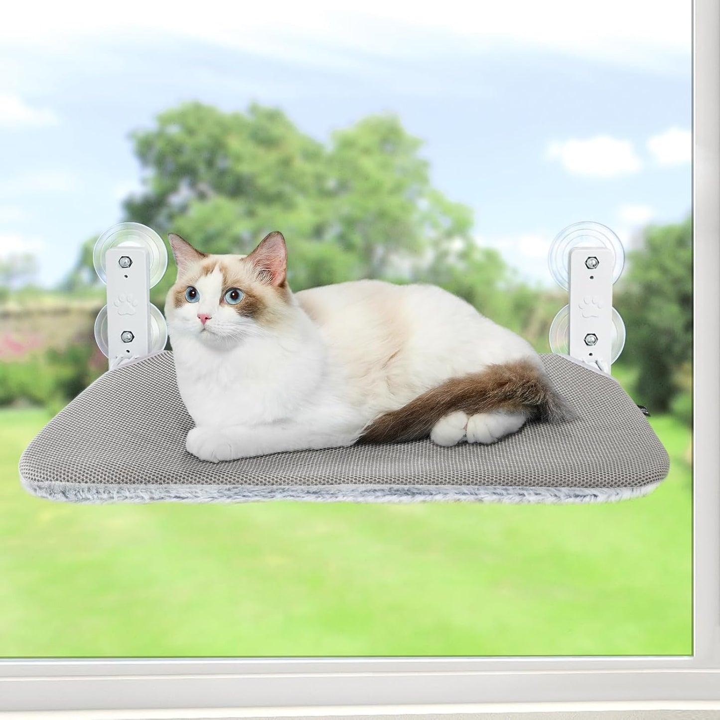 Sunhoo Cat Window Hammock Perch Cordless Perches Window Sill Seat Bed Foldable Stable Lounger Upgraded Suction Cup Easy Assembly Indoor Cats Kitty Shelf Hold Up to 55lbs (Light Gray, S)