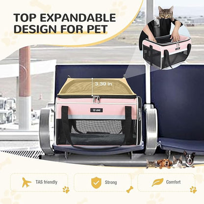 Lekereise Top-Expandable Pet Carrier - TSA Airline Approved Soft Sided Underseat Up to 12lbs Travel Carriers for Small Cats and Dogs with Locking Safety Zippers Anti-Scratch Mesh Pink