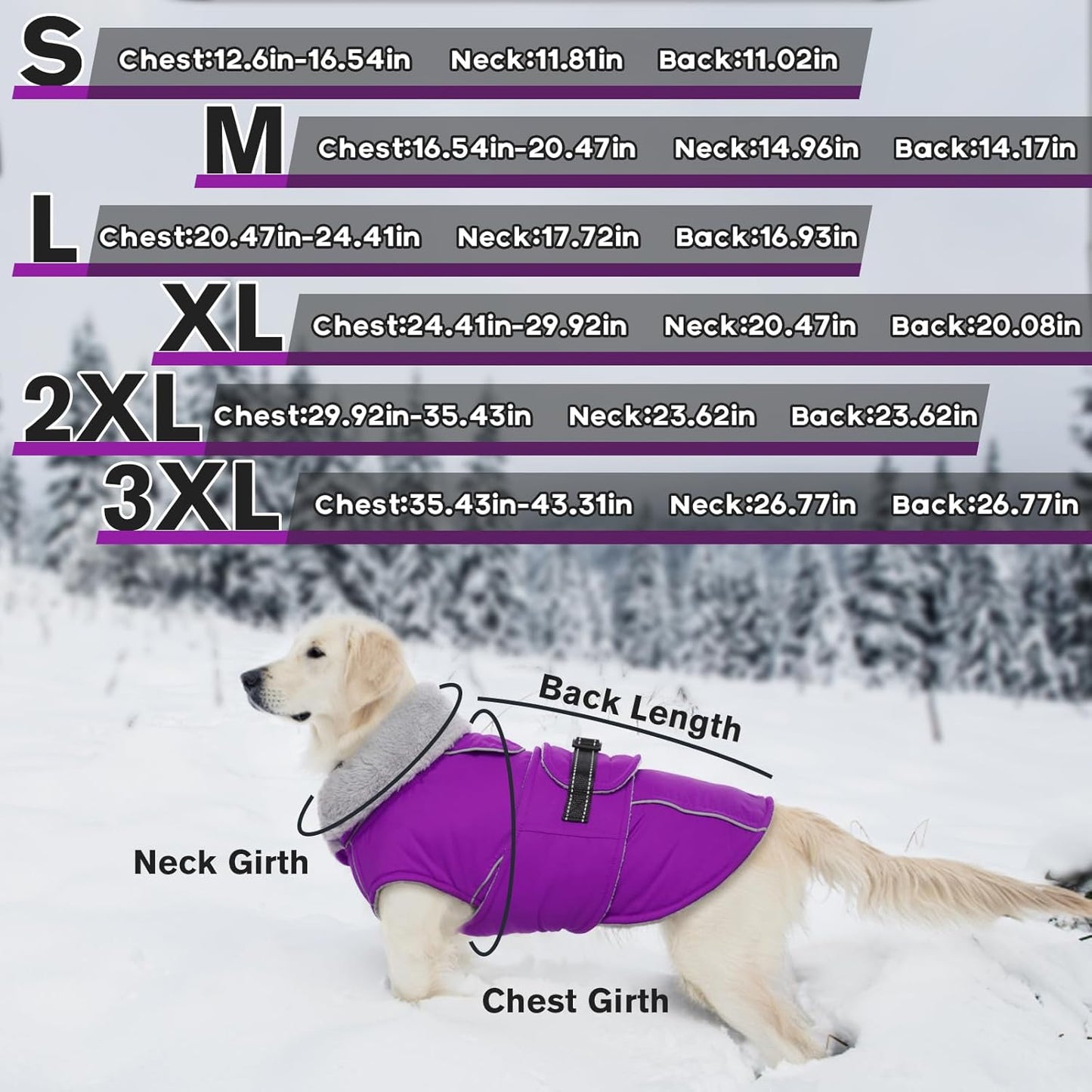 Lelepet Warm Dog Winter Coats for Extra Large Dogs Waterproof Dog Jacket Reflective Pet Fleece Vest Windproof Cold Weather Coats with Adjustable Buckle & Leash Hole, Purple, XXXL