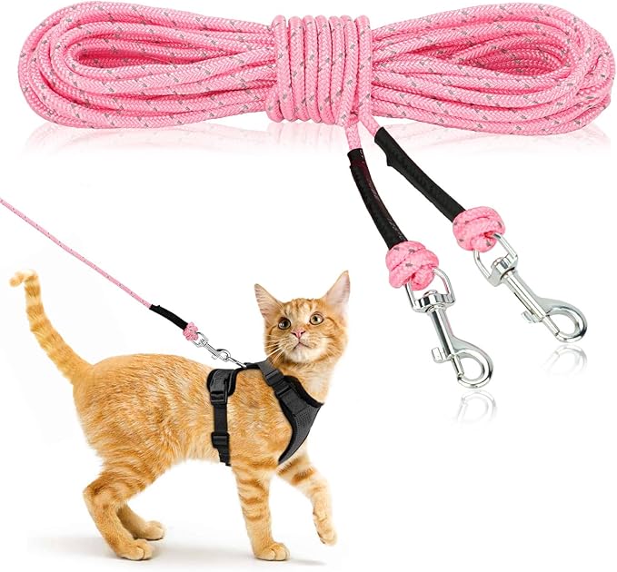 Rypet Reflective Cat Long Leash 15 FT Escape Proof Walking Leads Yard Long Leashes Durable Safe Personalized Extender Leash Traning Play Outdoor for Kitten, Puppy, Rabbit and Small Animals(Pink-S)