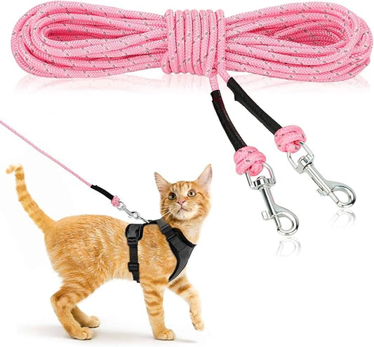 Rypet Reflective Cat Long Leash 15 FT Escape Proof Walking Leads Yard Long Leashes Durable Safe Personalized Extender Leash Traning Play Outdoor for Kitten, Puppy, Rabbit and Small Animals(Pink-S)