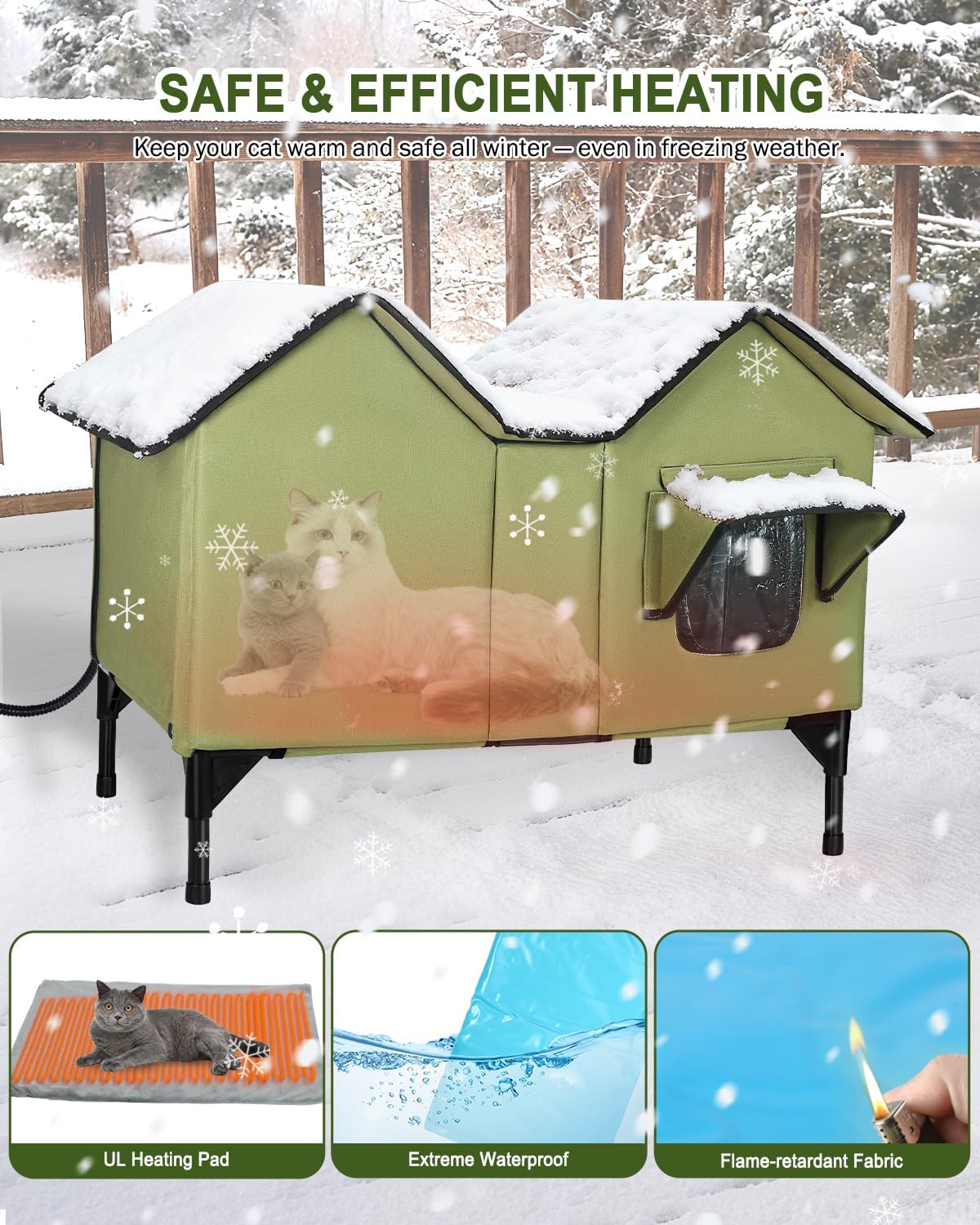 Extra Large Heated Cat House for Outside in Winter, Elevated Heated Outdoor Cat House Weatherproof with Heating pad, Insulated Outdoor Cat Shelter for Multiple Cats Small Dogs(Green)