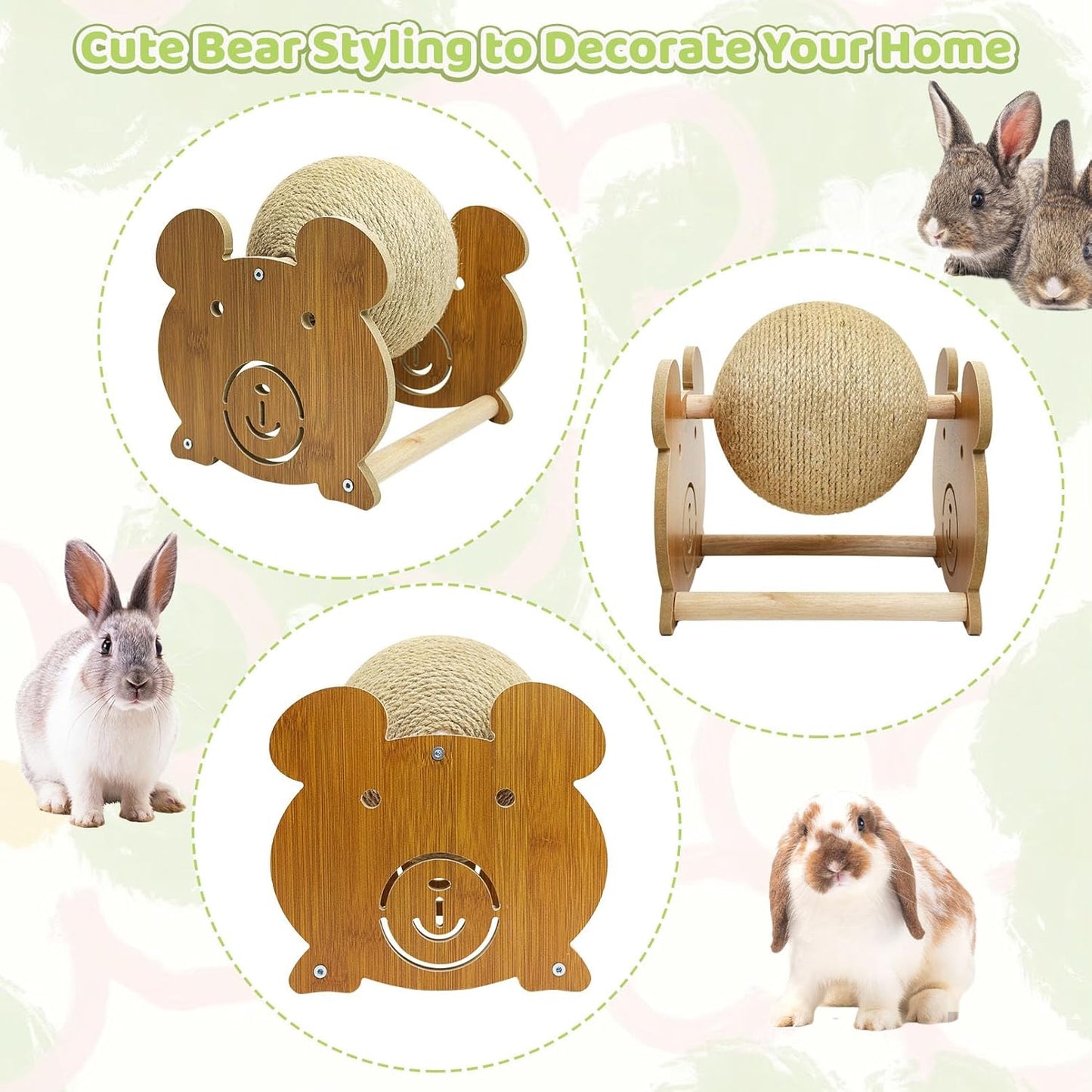 Fhiny Rabbit Scratch Toy, Natural Sisal Bunny Toy Scratching Ball Cute Sisal Bunny Claw Scratcher Ball Rabbit Enrichment Interactive Scratching Post for Kittens Ferrets Bear Shape