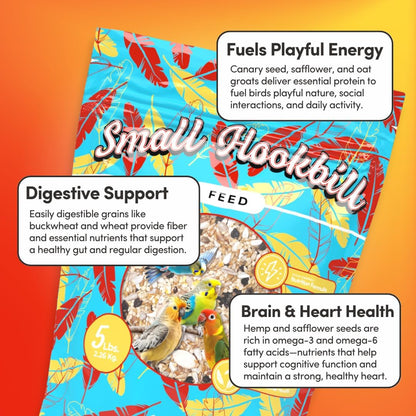 Mycelium Small Hookbill Feed (5 LBS) | Organic, Non‑GMO Bird Food for Cockatiels, Conures & Lovebirds | Filler‑Free with Hulled Seeds | Daily Energy, Skin & Feather Support | Made in USA