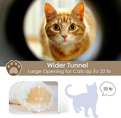 Cat Tunnel Bed for Indoor Cats, Peekaboo Cat Cave with Washable Soft Play Mat, Furry Cat Tube, for Kitten/Puppy/Rabbit, Beige