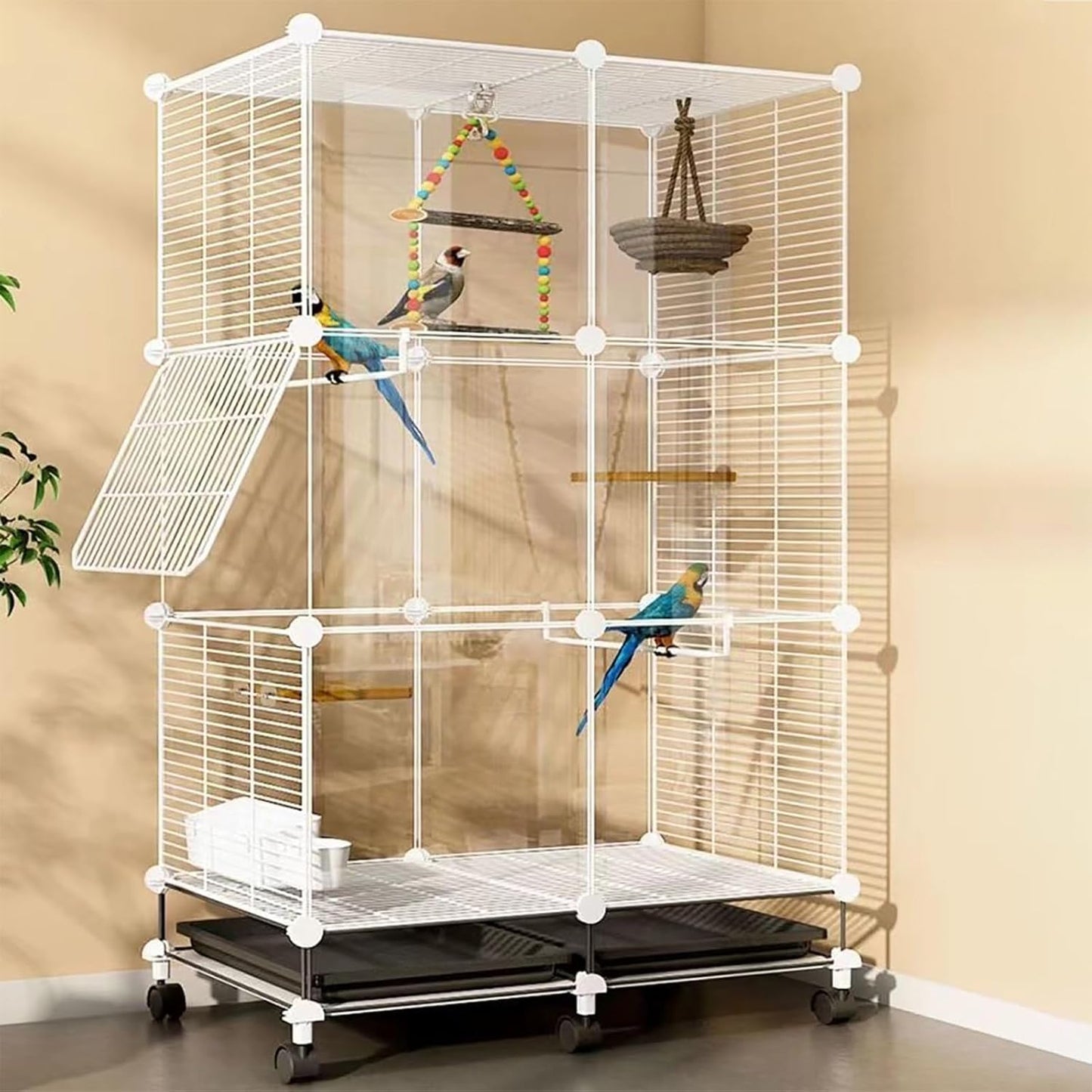49" H Wrought Iron Bird Cage Parrot Cage, 3-Tier Movable Birdcage Parakeet Cage w/Wheels, 360° View Spacious Interactive Bird House Pet Bird Flight Cage for Medium&Small Birds (Transparent)