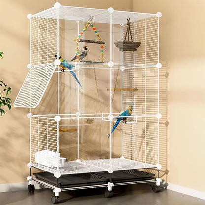 49" H Wrought Iron Bird Cage Parrot Cage, 3-Tier Movable Birdcage Parakeet Cage w/Wheels, 360° View Spacious Interactive Bird House Pet Bird Flight Cage for Medium&Small Birds (Transparent)