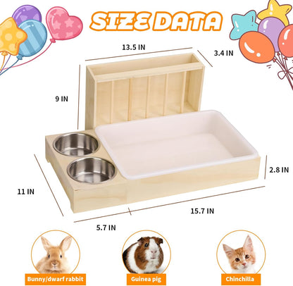 3 in 1 Rabbit Litter Box with Hay Feeder and Bowls - Wooden Rabbit Hay Feeder for Guinea Pig, Hamster, Small Animals