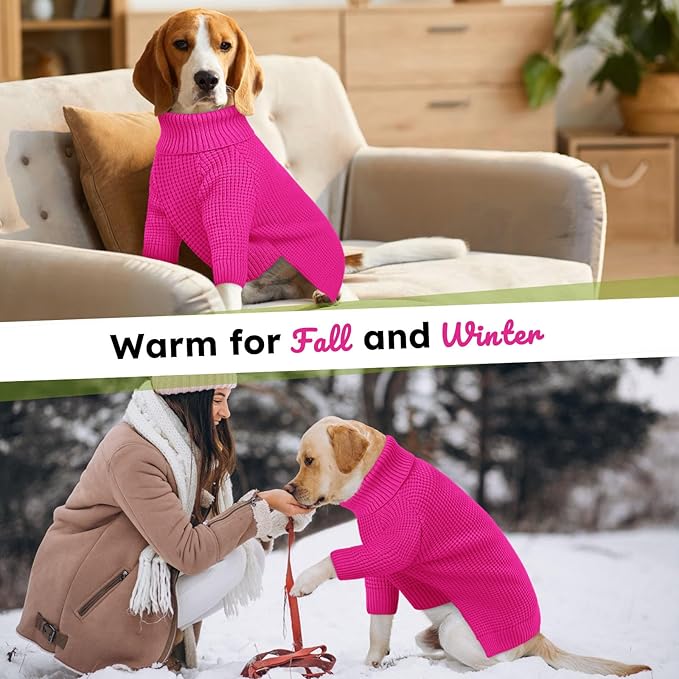 Queenmore Large Dog Sweater, Plaid Dog Sweaters for Large Dogs, Turtleneck Pet KintSweater with Check Pattern, Long Sleeve Holiday Pet Knitwear, Solid, Fuchsia L