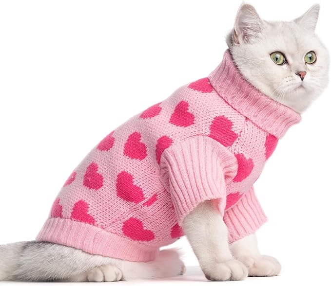 KOOLTAIL Cat Sweater Turtleneck- Soft Pink Knit Cat Sweaters for Cats Only, Heart Love Pattern Thick Warm Cold Weather Clothes, Valentine's Day Pet Outfit for Small Medium Large Size Kitten Puppy Girl