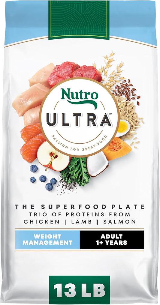 Nutro Ultra Adult Weight Management Dry Dog Food, Chicken, Lamb and Salmon Protein Trio, 13 lb Bag