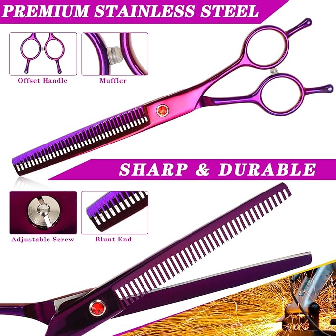 7.5 Inch Thinning Dog Grooming Blending Scissor, Ergonomic Pet Grooming Thinner Blender Shears Cat Trimming Texturizing Kit with Offset Handle (Purple)
