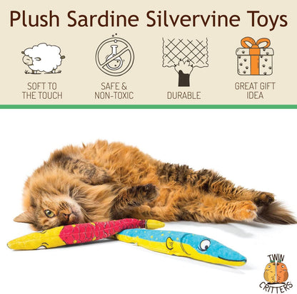 Silvervine Sardine 2-Pack Organic Catnip Substitute Toys for Cats & Kittens | 100% All-Natural Wild Harvested | 2 Refillable Sardine Kicker Cat Toys