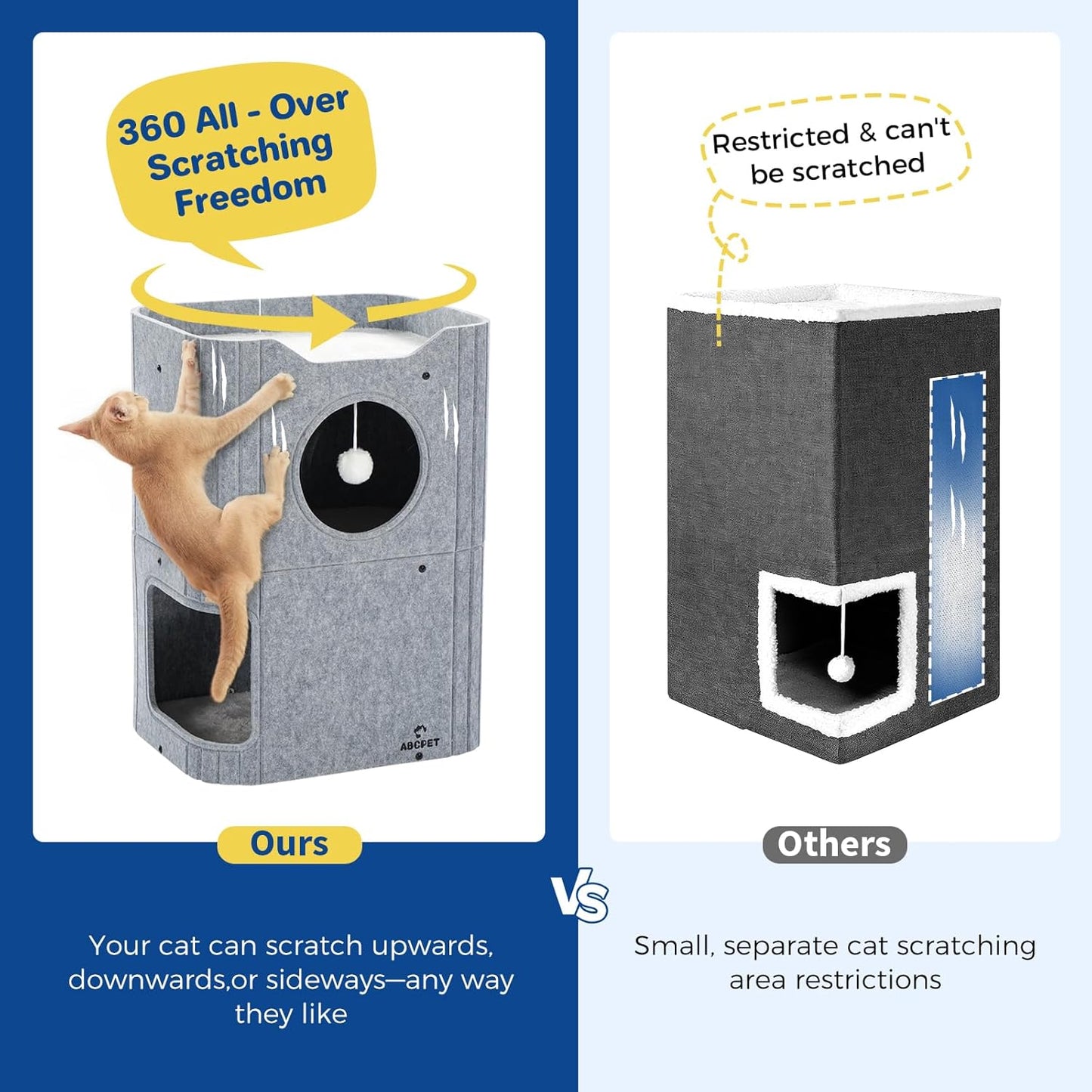 Cat House for Indoor Cats Large Cat Bed Cave 2-Storey Cats Condo with Cozy Felt Covered Hideaway for Multiple Pets Gray