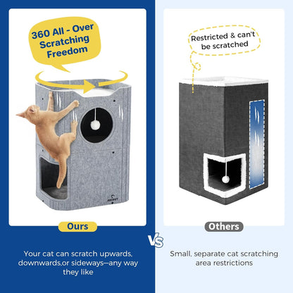 Cat House for Indoor Cats Large Cat Bed Cave 2-Storey Cats Condo with Cozy Felt Covered Hideaway for Multiple Pets Gray