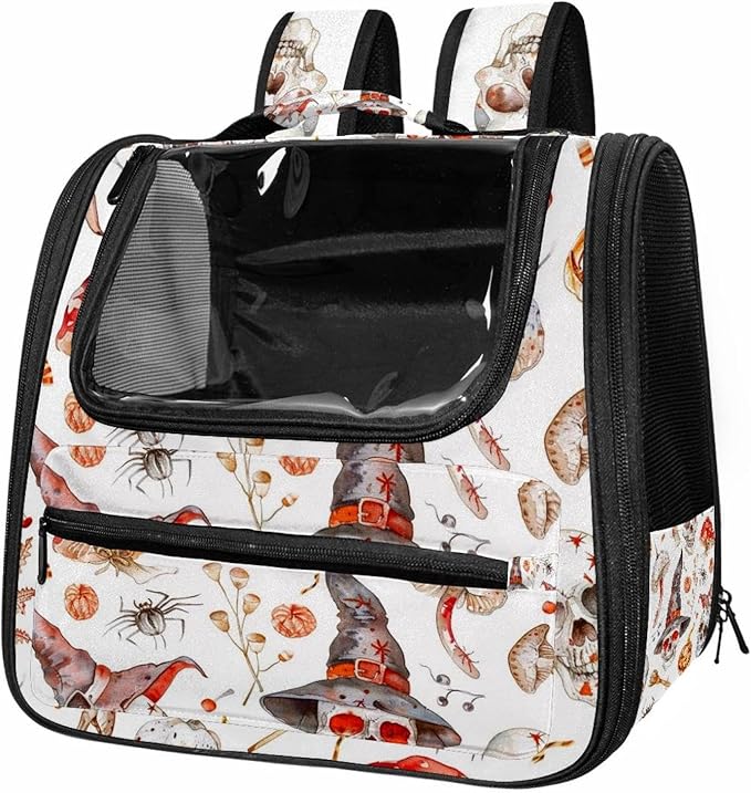 Witch Hat Broom Skull Lollipops Eyes Bones 2 Cat Carrier Backpack,900D Wear-Resistant Oxford Fabric, Dog Carrier Cat Backpacks Suitable for Travel