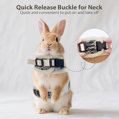 AIITLE Adjustable Bunny Harness & Leash Set - Soft Mesh Liner, Comfort Fit Plaid Pattern Vest with Magic Tape Design, Portable for Small Animal Pets Puppy Cat Rat Squirrel Ferret, Beige L
