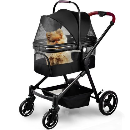 Foldable Dog Stroller, 3 in 1 Pet Stroller for Small Medium Dog Cat up to 50lbs, Detachble Portable Pet Bag, Storage Basket and One-Button Folding Frame