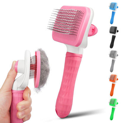 Dog & Cat Brush, Self Cleaning Slicker Brush for Pets, Upgraded Dog Brush for Shedding Massaging and Grooming, Removes Loose Undercoat & Portable Comb for Long Short Haired Dogs(Pink)