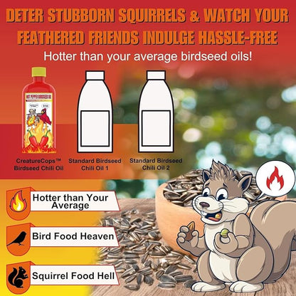 CreatureCops™ Spicy Squirrel Seed Sauce | All-Natural & Squirrel-Resistant Hot Pepper Bird Seed Oil | Flaming Hot Sauce - Seasons >60lb per 16oz Bottle