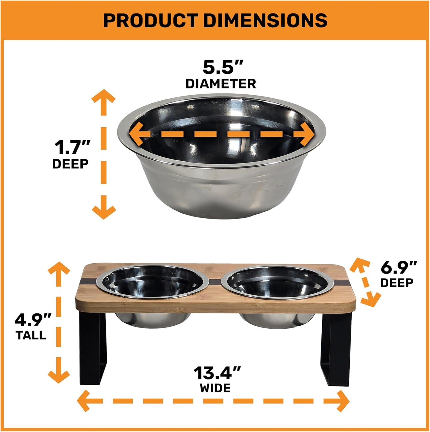 Elevated Cat Bowl Stand for Food and Water – Anti-Vomit Raised Feeding Station with Tilted Stand – Removable Stainless Steel Bowls, Anti Slip Bamboo Base, Dishes for Cats, Kitten, Small Dogs & Puppies