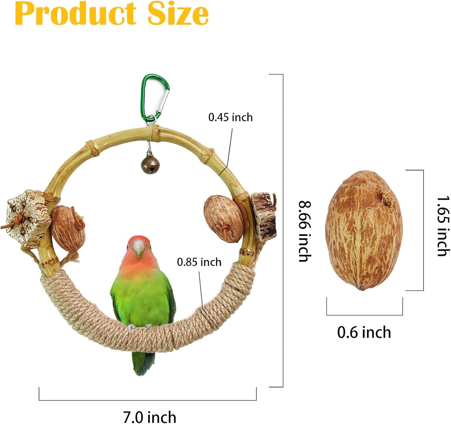 Circle Bird Swing with Bell,Bamboo Parakeet Rope Perches for Cage Ring Bird Swings Chewings Nuts Toys for Parrots Cockatiels Lovebirds Budgie
