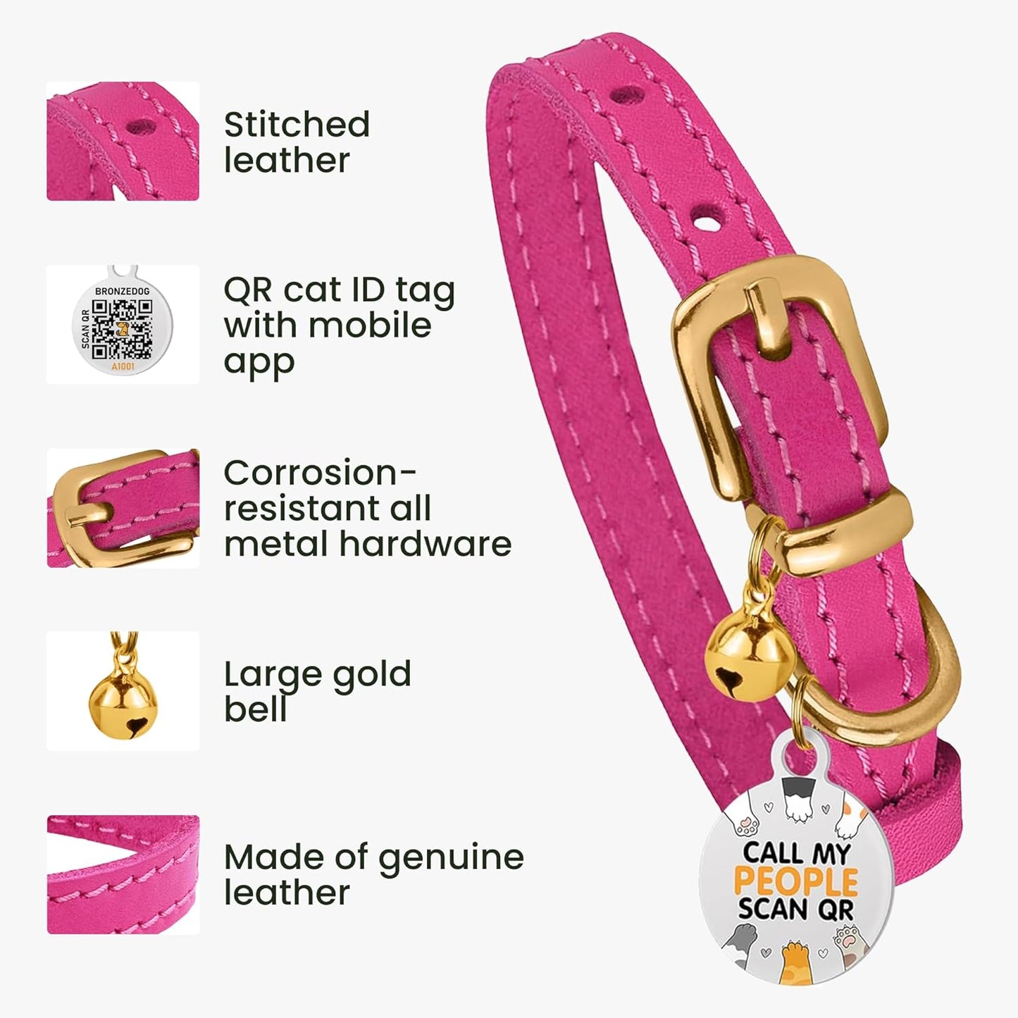 BRONZEDOG Leather Cat Collar with Removable Bells Non Breakaway Kitten QR Tag for Girl Boy (7" - 9" for Cats, Pink & Gold)