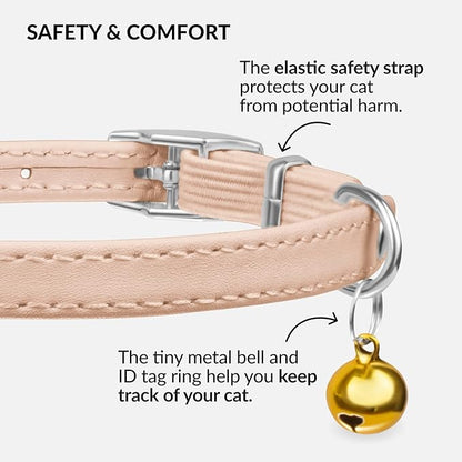 CollarDirect Leather Cat Collar with Bell - Kitten Small and Big Cat Collar for Boy Cats, Girl Cats with Safety Elastic Strap (Neck Fit 6"-7", Beige)