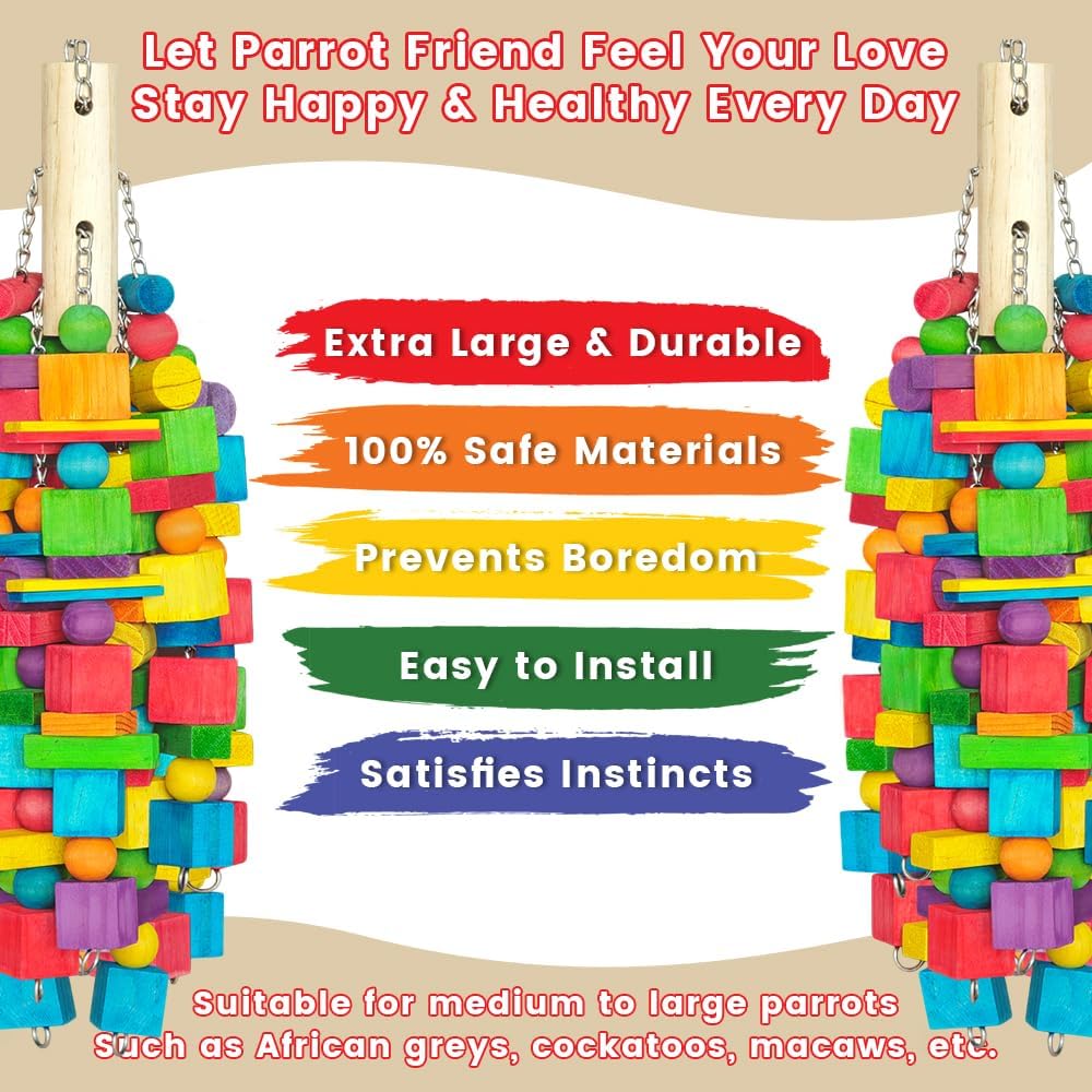 Extra Large Bird Toys - 21.6'' Heavy Duty Natural Parrot Toys for Chewing Foraging with SS Chain & Edible Colors for Medium to Large Parrots, Macaws, Cockatoos, African Grey, Cockatiel, Parakeet